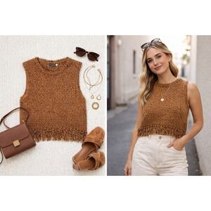 Earthbound Trading Co Womens Lg Distressed Frayed Hem Knit Sweater Rust Orangei